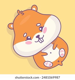 Happy cute hamster lying on his back. Funny cartoon kawaii animal. Vector illustration. Kids collection