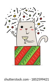 Happy cute hand drawn cat with champagne in a gift box. Christmas and New year flat vector illustration.
