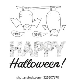 happy and cute hand drawn halloween postcard with two bats hanging on a twig isolated on a white background