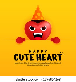 Happy cute heart with signboard on yellow background for valentines, greeting invitation poster