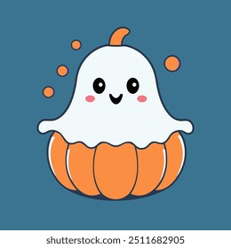 Happy Cute Helloween Pumkin and ghost illustration. Smiling sticker.