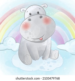 Happy Cute hippo with rainbow background