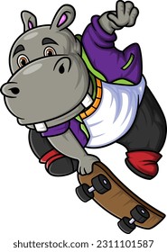 happy cute hippopotamus play skateboard of illustration