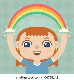 Happy and cute hipster girl with rainbow. Flat style vector illustration.