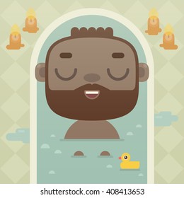 Happy and cute hipster taking a nice relaxing bath. Flat style vector illustration.