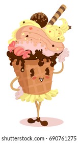 Happy cute ice cream with candy, waffle and chocolate. Cartoon character.