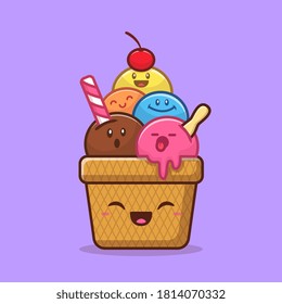 Happy Cute Ice Cream Cartoon Vector Icon Illustration. Food Ice Cream Icon Concept Isolated Premium Vector. Flat Cartoon Style