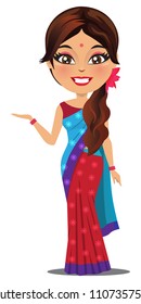A happy and cute Indian woman wearing a traditional saree and showing something