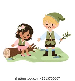 Happy and cute international girl and boy play together on white background. Poster, Banner, Flyer, Greeting Card. Vector illustration in flat cartoon style