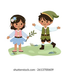 Happy and cute international girl and boy play together on white background. Poster, Banner, Flyer, Greeting Card. Vector illustration in flat cartoon style