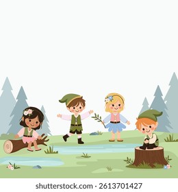 Happy and cute international girls and boys playing together in the forest. Background for Poster, Banner, Flyer, Greeting Card. Vector illustration in flat cartoon style