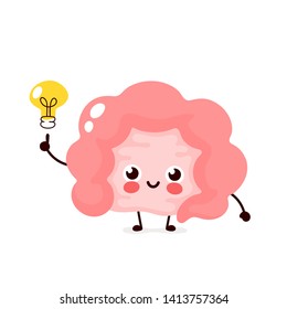Happy cute intestine with lightbulb character.Vector flat style illustration icon design. Isolated on white background. Intestine have idea concept
