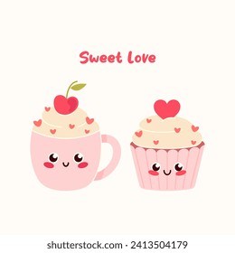 Feliz café kawaii lindo y quequitos enamorados. Tarjeta de saludo de San Valentín con bizcocho y taza de café. Amor dulce