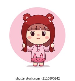 Happy cute and kawaii girl with pink hoodie bunny cartoon manga chibi character design for logo, mascot, illustration, etc