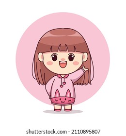 Happy cute and kawaii girl with pink hoodie bunny cartoon manga chibi character design for logo, mascot, illustration, etc