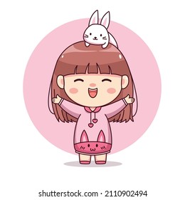 Happy cute and kawaii girl with pink hoodie bunny and cute rabbit cartoon manga chibi character design for logo, mascot, illustration, etc