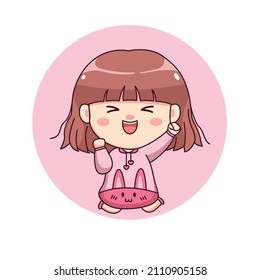 Happy cute and kawaii girl with pink hoodie bunny feeling excited cartoon manga chibi character design for logo, mascot, illustration, etc