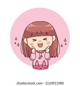 Happy cute and kawaii girl with pink hoodie bunny thumbs up cartoon manga chibi character design for logo, mascot, illustration, sticker, label, etc