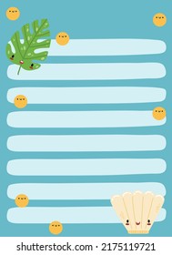 Happy cute kawaii summer fruit weekly or daily planner, note paper, to do list, stickers templates decorated by cute kids illustrations and inspirational quote. School scheduler and organizer.