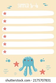 Happy cute kawaii summer fruit weekly or daily planner, note paper, to do list, stickers templates decorated by cute kids illustrations and inspirational quote. School scheduler and organizer.