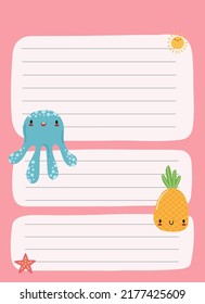 Happy cute kawaii summer fruit weekly or daily planner, note paper, to do list, stickers templates decorated by cute kids illustrations and inspirational quote. School scheduler and organizer.