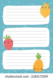 Happy cute kawaii summer fruit weekly or daily planner, note paper, to do list, stickers templates decorated by cute kids illustrations and inspirational quote. School scheduler and organizer.