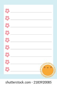 Happy cute kawaii summer fruit weekly or daily planner, note paper, to do list, stickers templates decorated by cute kids illustrations and inspirational quote. School scheduler and organizer.