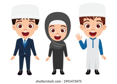 Happy cute kid Arab boy and girl businessman and businesswoman character standing and waving