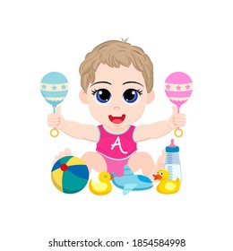 Happy cute kid baby boy playing with toys ball and feeder isolated on a white background
