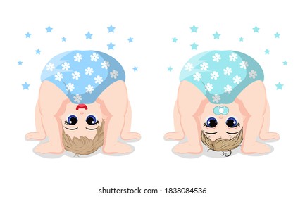 Happy cute kid baby boys playing  upside down isolated on white background