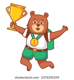 Happy cute kid bear win game gold trophy.Little bear  character with gold medal holding up a gold cup trophy. Animal sport winner.Isolated on white background.Cartoon vector illustration.