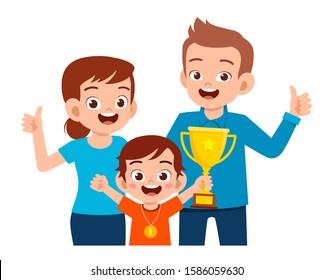 happy cute kid boy become first winner