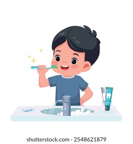happy cute kid boy brush clean teeth