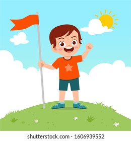 happy cute kid boy carry flag on mountain