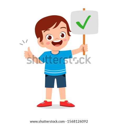 happy cute kid boy carry correct sign vector