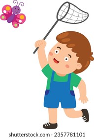 happy cute kid boy catch bug vector