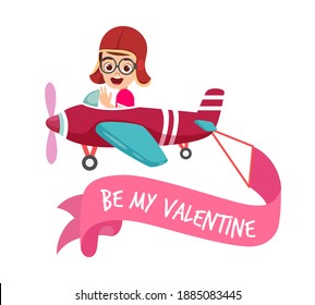 Happy cute kid boy character flying airplane and caring valentine banner in sky