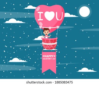 Happy cute kid boy character waving and flying with hot air balloon with cheerful expression in the sky