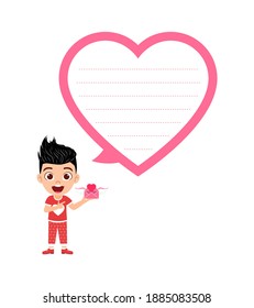 Happy cute kid boy character with love letter pointing to flying love letter