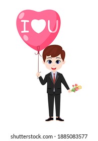 Happy cute kid boy character standing with valentine heart shape balloons and waving isolated with flowers