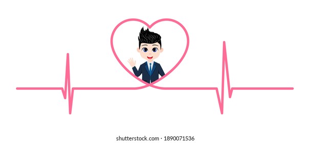 Happy cute kid boy character in a heart shape with heart beat sign isolated on white background 