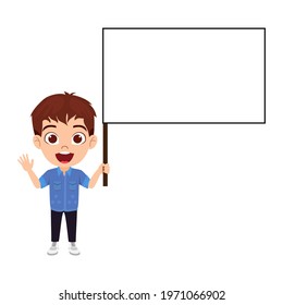 Happy cute kid boy character standing with placard isolated