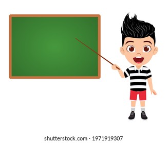 Happy cute kid boy character standing with presentation stick and pointing to board
