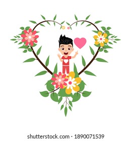 Happy cute kid boy characters in a heart shape with flowers holding heart shape and waving 