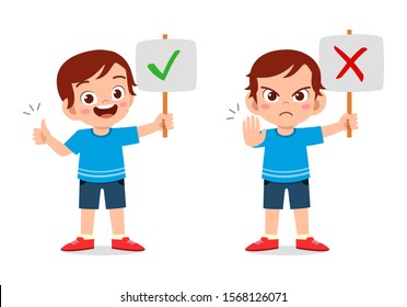 happy cute kid boy with correct and wrong sign vector
