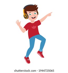 Fröhlicher kleiner Junge tanzt mit Musik und Kopfhörern. Cartoon-Vektorgrafik