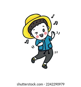 happy cute kid boy dancing and singing, hand drawn vector illustration