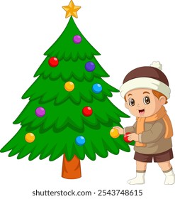 happy cute kid boy decorates christmas tree. Funny cartoon character. Vector illustration. Isolated on white background of illustration