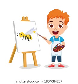Happy cute kid boy drawing beautiful bee painting with cheerful expression