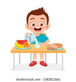 happy cute kid boy eat healthy food